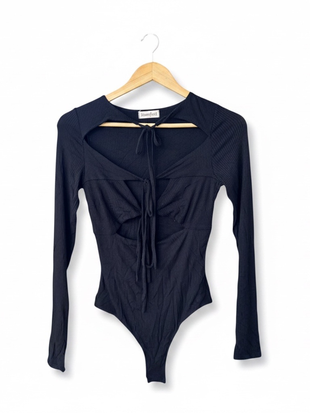 Long-Sleeve Ribbed Black One-Piece Bodysuit for Women